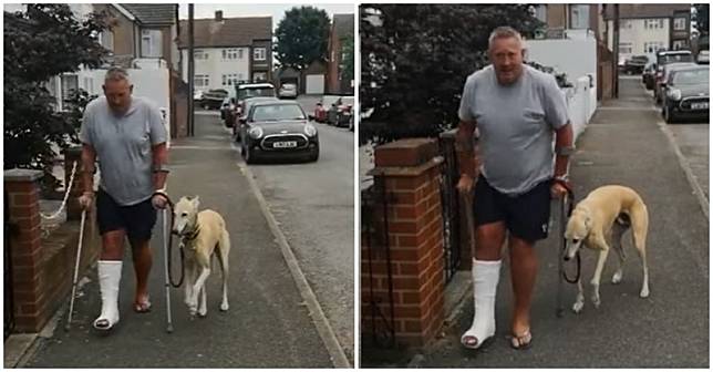 主人與狗狗「同步」跛腳走路。（圖片來源／Russell Jones臉書影片截圖）
