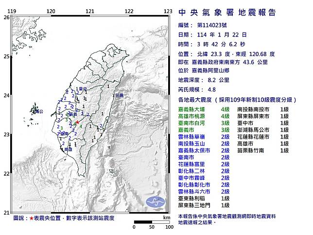 嘉義縣阿里山鄉今（22）天凌晨3點42分發生芮氏規模4.8地震。（圖：氣象署提供）