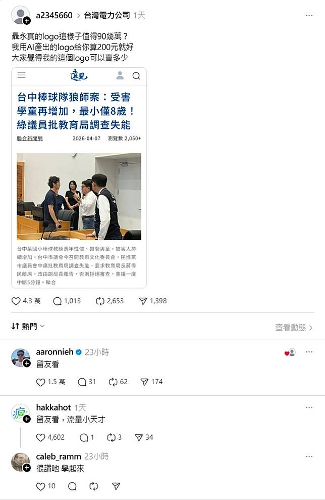 許多網友開始實測，只要打聶永真相關的內容，就算圖文不符也會有高流量。（翻攝自Threads）