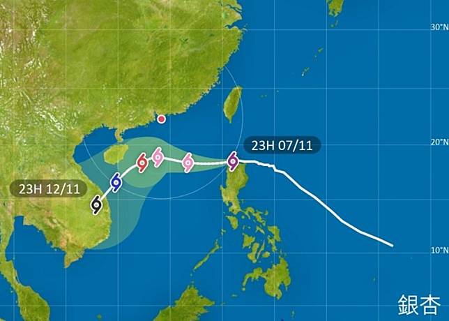 銀杏會在未來兩三日橫過南海北部，並在下週初轉向西南方向移動。