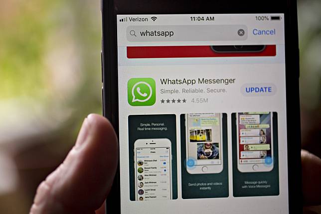 The WhatsApp application is displayed in the App Store on an iPhone in an arranged photograph taken on April 29, 2019. Photo: Bloomberg
