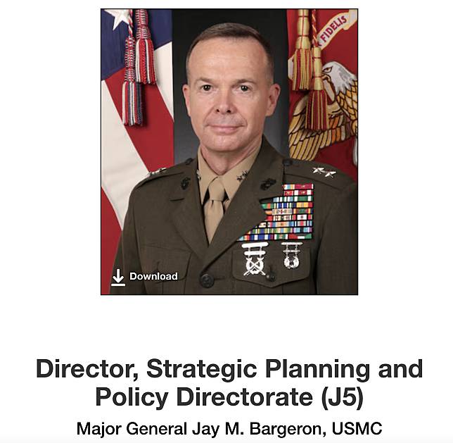 美軍印太司令部聯5（J5）次長巴格倫少將（Major General Jay M. Bargeron, USMC），據報導2025.2.21出席國軍漢光41號演習圖上兵推，就坐在國防部長顧立雄身邊，美軍現役將領此舉屬於罕見。U.S. Indo-Pacific Command