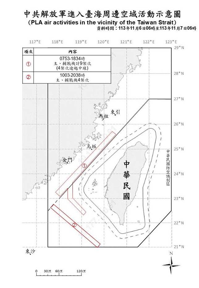 中共解放軍進入臺海周邊空域活動示意圖。（國防部提供）