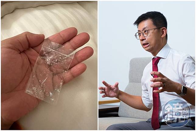 呱吉臉書表示，醒來發現床頭有包殘留白色粉末的小袋子，卻完全想不起來昨晚發生什麼事。（翻攝自Froggy Chiu臉書、本刊資料照）