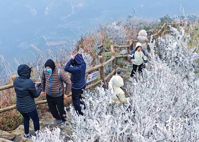 不少民眾到清遠市連山金子山上觀賞霧凇。