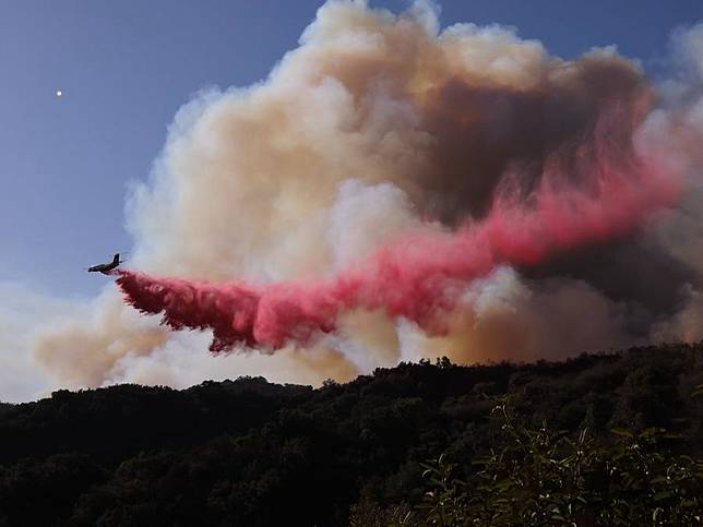 A firefighting airplane drops retardant to prevent the wildfire from spreading further on the hills of Mandeville Canyon in Los Angeles, California, the United States, on Jan. 11, 2025. (Photo by Qiu Chen/Xinhua)