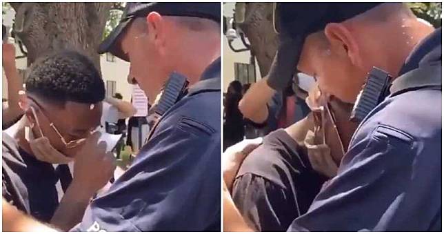 有圖／黑人少年痛哭！白人警擁抱「我們之間沒有仇恨」　單膝下跪和平對話