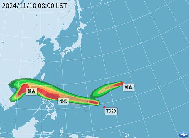 桔梗颱風及萬宜颱風已在昨日形成，目前西北太平洋呈「三颱鼎立」局面。 圖：中央氣象署／提供