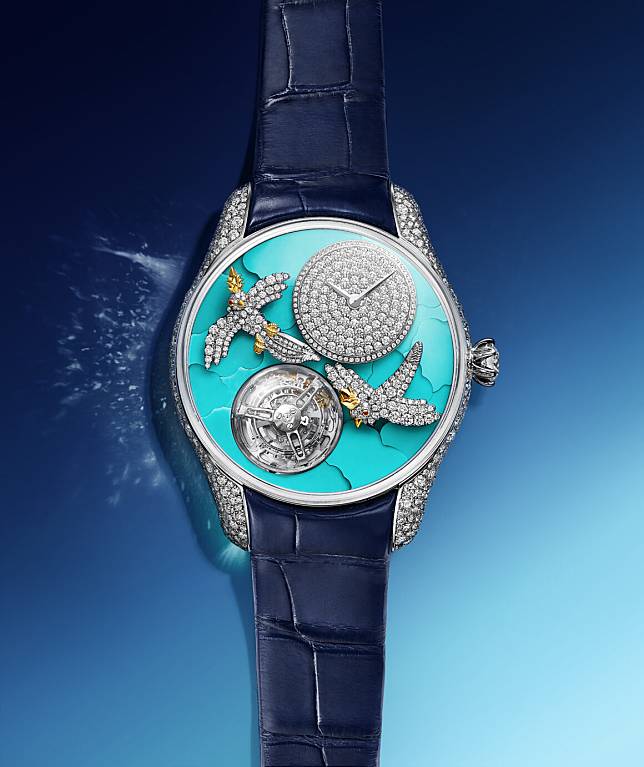 Jean Schlumberger by Tiffany Bird on a Flying 18K 白金鑲鑽配綠松石 39 mm 陀飛輪腕錶。