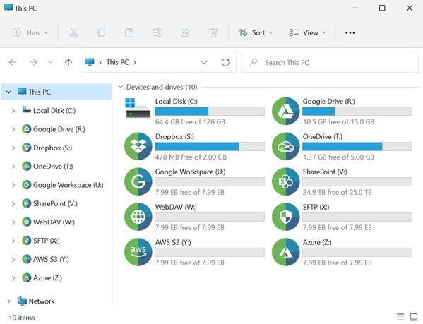 The File Explorer screen showing storage mounted using RaiDrive for Windows.