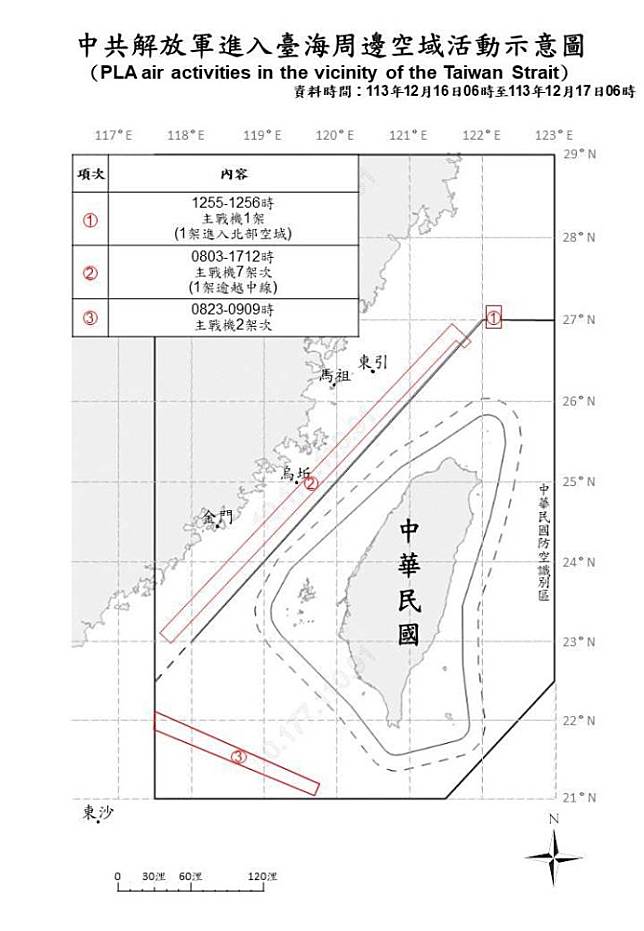 中共解放軍進入臺海周邊空域活動示意圖。（國防部提供）