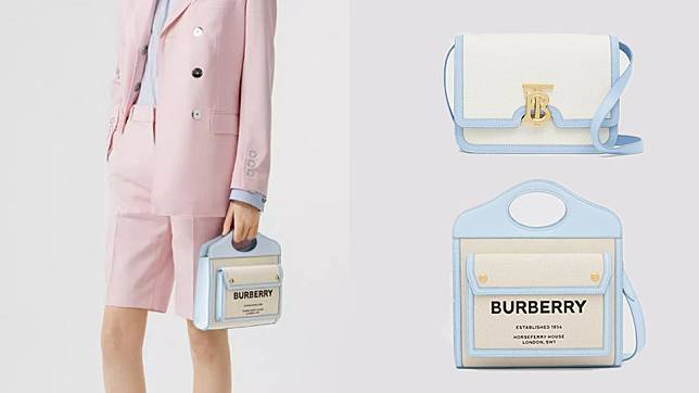  寶寶藍包包推薦 #BURBERRY 小型雙色帆布TB包，NT$65,000/迷你雙色帆布Pocket包，NT$38,900