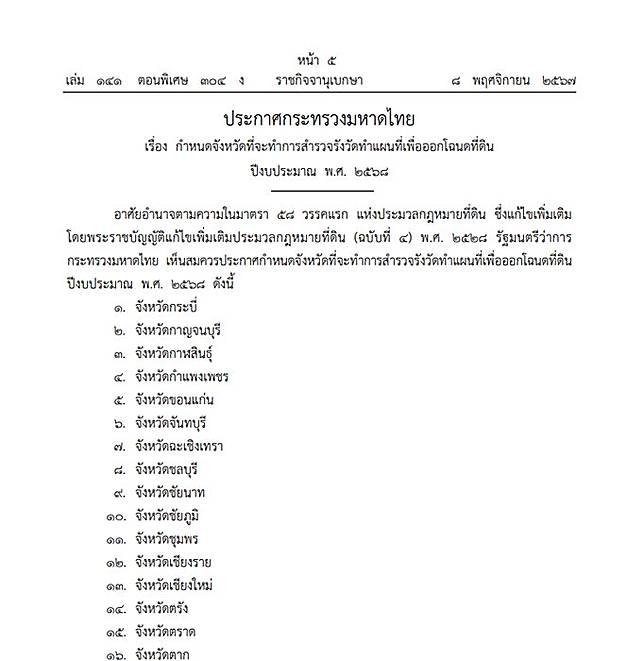 ราชกิจจาฯ ประกาศ กระทรวงมหาดไทย กำหนด 69 จังหวัด ที่จะทำการสำรวจรังวัดทำแผนที่เพื่อออกโฉนดที่ดิน ปี 2568 เช็กที่นี่