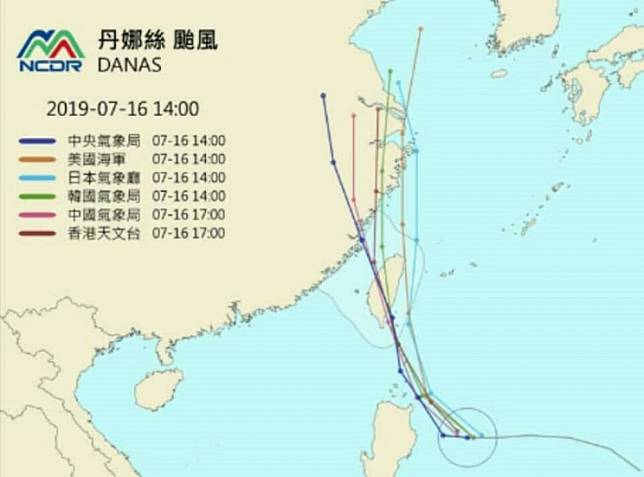 全球不同的氣象預報站都預測出不同路徑，結果顯示，日本氣象廳所預測的路徑跟實際狀況最為相似。 （圖片取自NCDR）
