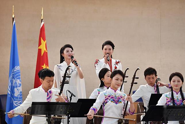 Artists perform during a concert featuring Chinese classical and folk music to celebrate the 15th United Nations (UN) Chinese Language Day in Geneva, Switzerland, April 23, 2024. (Xinhua/Lian Yi)