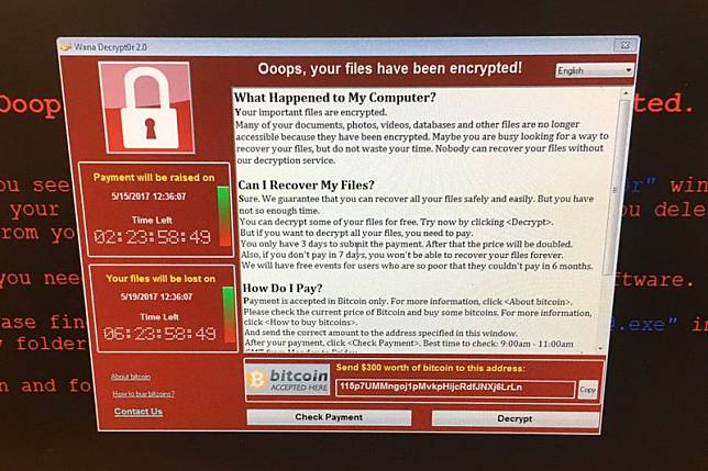 勒索病毒「哭哭」（WannaCry）要求贖金的畫面。（美聯社）