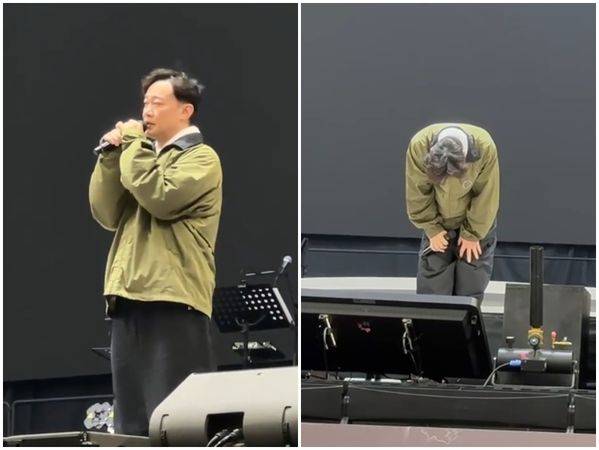 陳奕迅上台鞠躬道歉，臨時宣布取消今日演出。（圖／翻攝自微博）