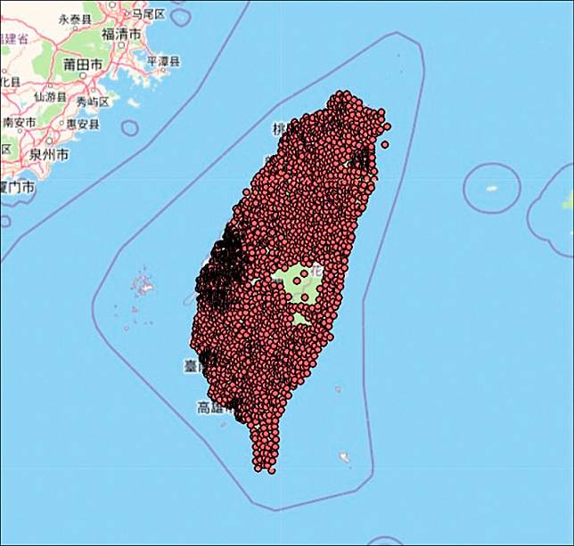 台灣全部三等三角點位置圖(含增補部分)，由圖可知羅明原的成就有多難。(取自網路)