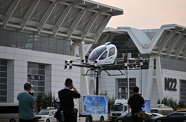 A low-altitude aircraft is seen at National Convention and Exhibition Center in north China's Tianjin, June 19, 2024. (Xinhua/Li Ran)