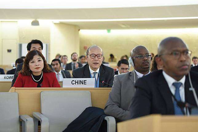 Chen Xu, China's permanent representative to the UN Office in Geneva and other international organizations in Switzerland, speaks during the 57th session of the United Nations Human Rights Council in Geneva, Switzerland, Oct. 9, 2024. (Xinhua/Lian Yi)