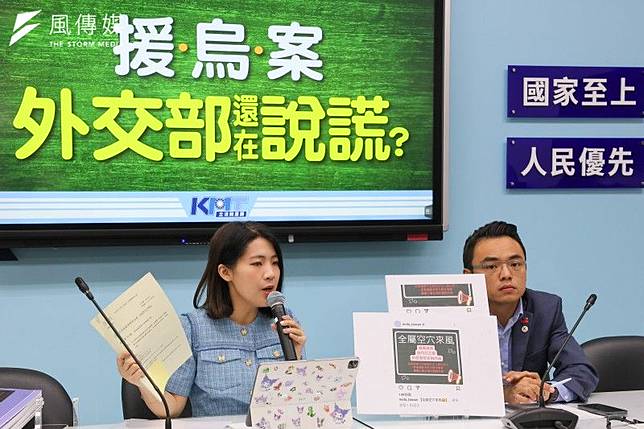 國民黨立委徐巧芯（左）、洪孟楷（右）召開「援烏案，外交部還在說謊？」記者會。（顏麟宇攝）