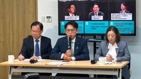 民眾黨主席黃國昌、宜蘭縣長參選人陳琬惠、嘉義市長參選人張啓楷舉行「嚴正抗議•具體反制賴清德總統級造謠」記者會。楊亞璇攝