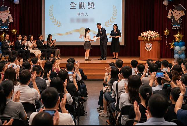 台北某知名私立小學畢典上，一名學生因領到全勤獎，受到全場歡呼。AI示意生成圖