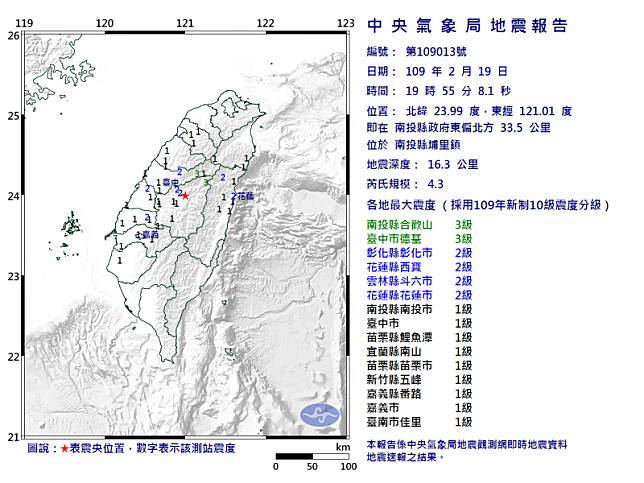 南投縣今(19)日晚間7時55分發生規模4.3地震。(圖取自中央氣象局)