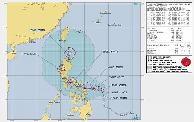 聯合颱風警報中心(美軍JTWC)最新的預測路徑，準颱風「黃蜂」邊走邊增強，先穿越菲律賓陸地，然後再往北移向巴士海峽，往東北拉出去。(圖擷取自聯合颱風警報中心)