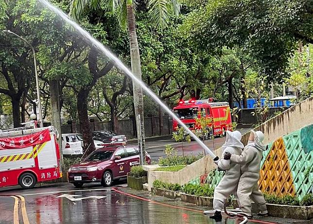 消防局派員用水柱將蜂巢射下。（中時電子報圖片）