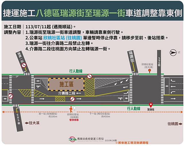 捷運綠線八德區介壽路二段瑞源街至瑞源一街口於七月十一日起施工，車輛請靠東側減速慢行。（捷運局提供）