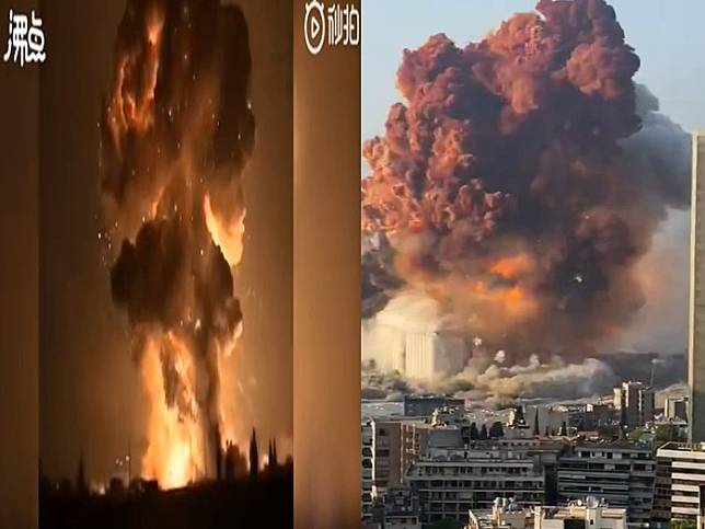 中國當局針對黎巴嫩大爆炸意外（右）開會檢討。中國上月在四川才發生爆竹工廠炸出「蕈狀雲」的爆炸意外（左）。   圖：新頭殼合成