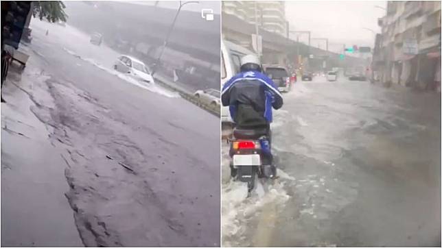 氣象局下午發出豪雨特報，汐止大同路淹水畫面曝光。（圖／翻攝自爆料公社）