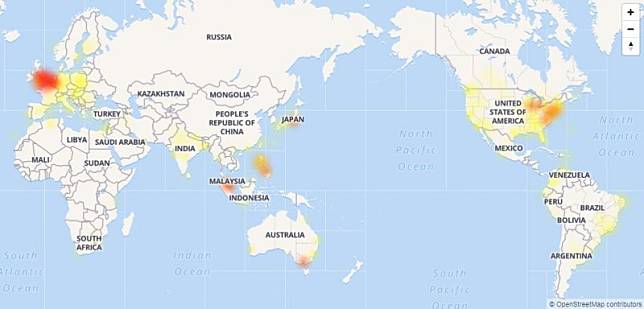 臉書今晚9點起發生全球大當機，不少用戶提出異常回報。(圖擷取自「DownDetector」診斷網站)