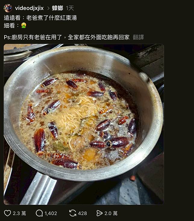 有網友分享家中出現蟑螂湯。圖／翻攝自Threads