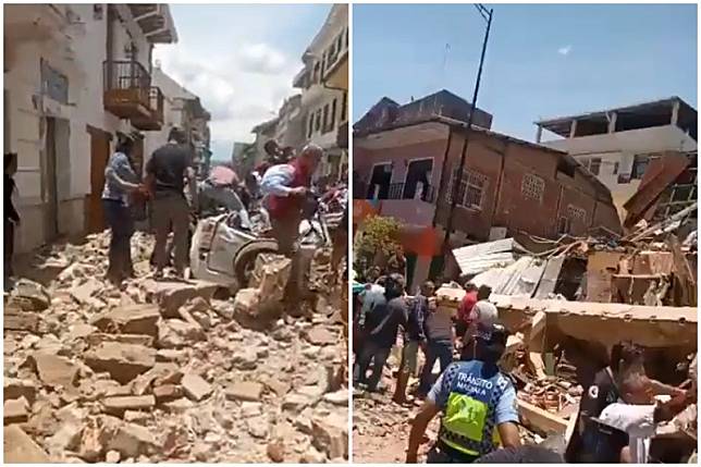 厄瓜多18日發生6.8強震多棟建築倒塌。（圖／翻攝自推特）