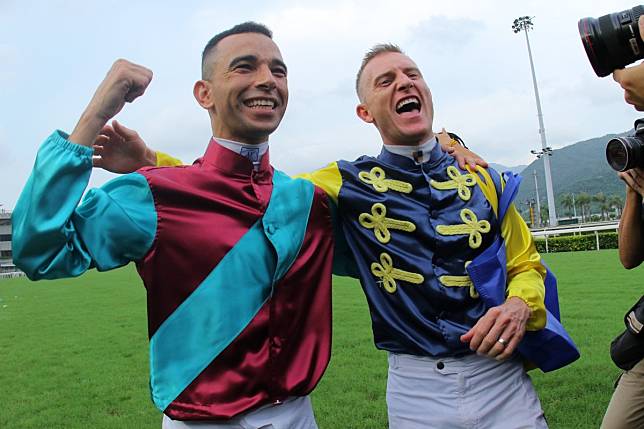 Jockeys Joao Moreira and Zac Purton celebrate the end of the 2018-19 season. Photo: Kenneth Chan