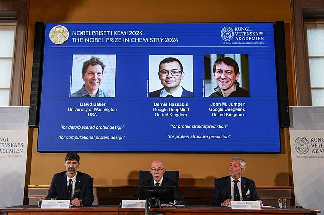 The 2024 Nobel Prize in Chemistry is announced in Stockholm, Sweden, Oct. 9, 2024. (Xinhua/Peng Ziyang)