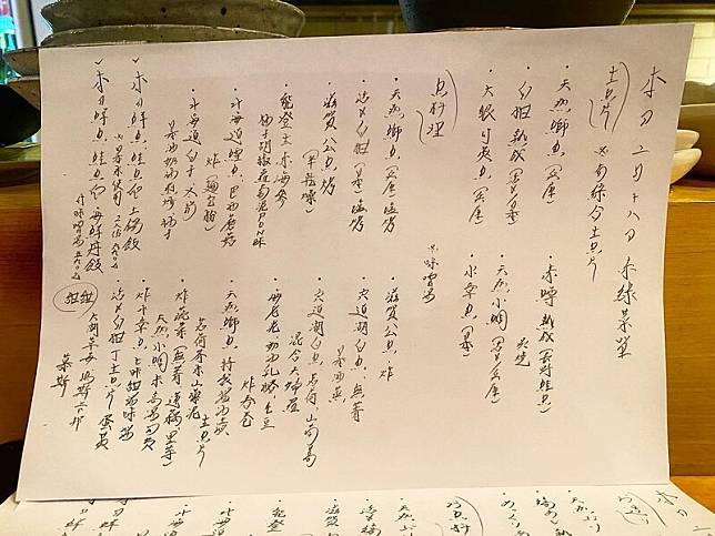 小野主廚每日手寫菜單。