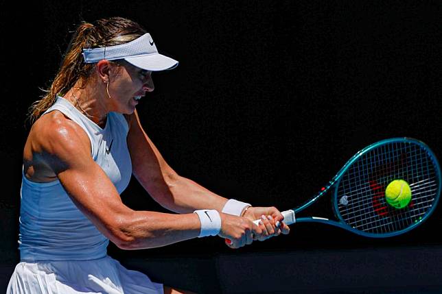 Paula Badosa of Spain hits a return during the women's singles quarterfinals match against Coco Gauff of the United States at the Australian Open tennis tournament in Melbourne, Australia, Jan. 21, 2025. (Photo by Chu Chen/Xinhua)