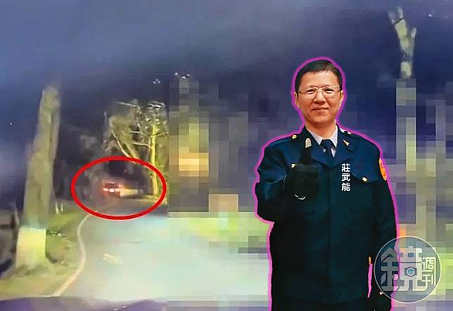 面對警方盤查，三線一星的高階警官莊武能拒絕下車配合，並開車衝撞警車逃逸（紅圈處），遭連開9槍制止就逮。（翻攝畫面）