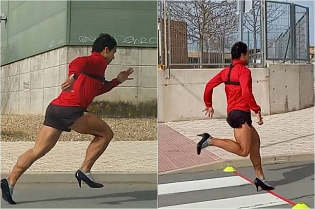 西班牙男子穿高跟鞋跑百米，飆出12.82秒的驚人成績。（翻攝自IG@guinnessworldrecords）