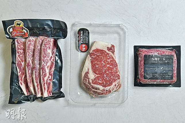 急凍牛肉——左起：牛仔骨（$100/1磅）、牛扒（$238/10安士）、免治和牛肉（$70/1磅）。（Meatmania）（黃志東攝）