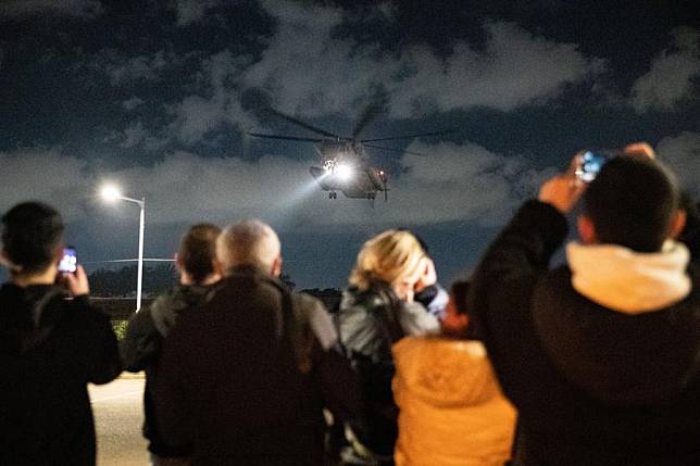 A helicopter carrying released Israeli hostages arrives at Sheba Medical Center in Ramat Gan, Israel, Jan. 19, 2025. (Xinhua/Chen Junqing)