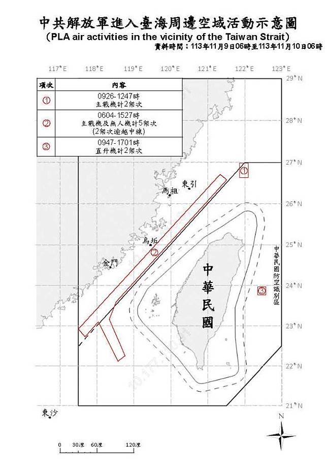 中共解放軍進入臺海周邊空域活動示意圖。（國防部提供）