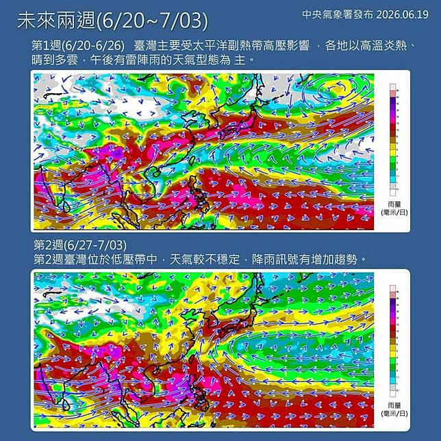 氣象署公布未來2週的「月長期天氣展望」。(氣象署提供)