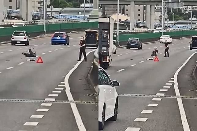 張男在車道上跌倒後爬起，接著跪在路上。畫面授權threads ruru920122