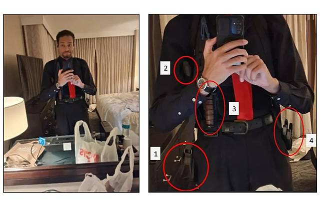 美國加州的31歲男子艾倫在白宮槍擊案前，曾在飯店房間內拍下全副武裝自拍照。（圖／美聯社／達志影像）