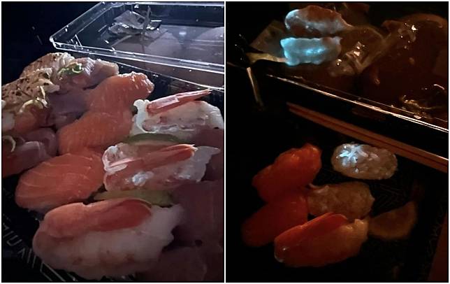 消費者至爭鮮購買外帶壽司餐盒，大蝦壽司發出螢光。（翻攝自爆料公社）