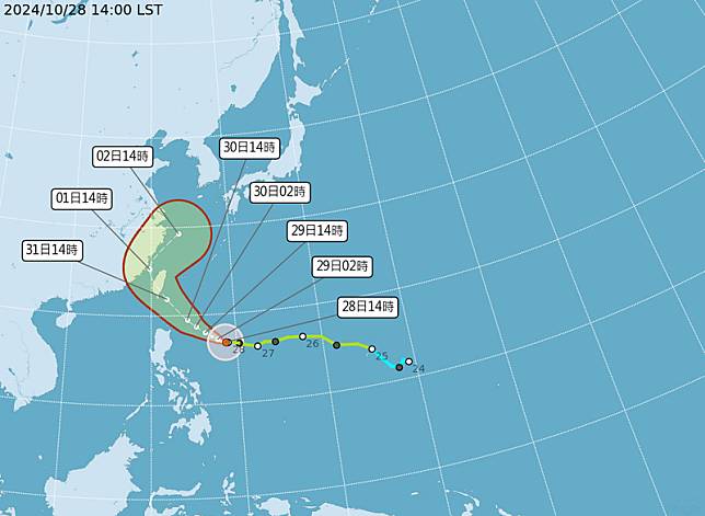 康芮颱風路徑潛勢預報圖。(圖由中央氣象署提供)